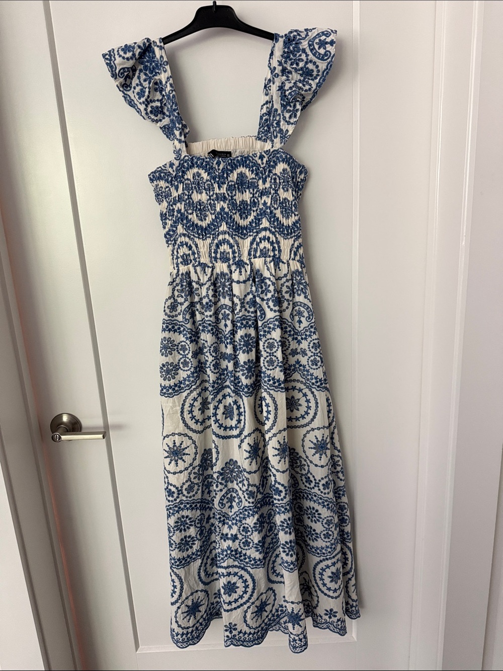 Zara Blue and White Printed Smocked Maxi Dress